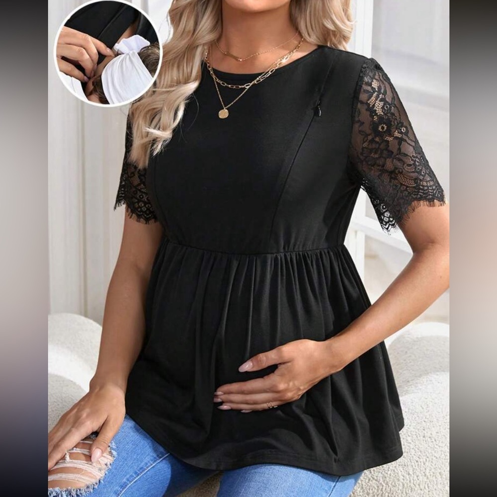 MATERNITY black eyelash floral lace Breast Feed short sleeve blouse